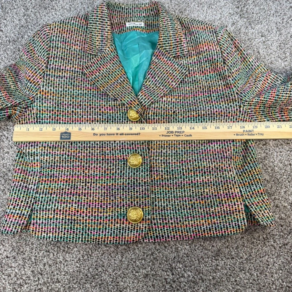 Ann May Womens 100% Silk Rainbow Tweed Cropped Blazer Gold Crest Buttons 10